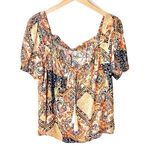 Cupcakes & Cashmere Mixed Paisley Print Tassel Short Sleeve Top Size XS NWT